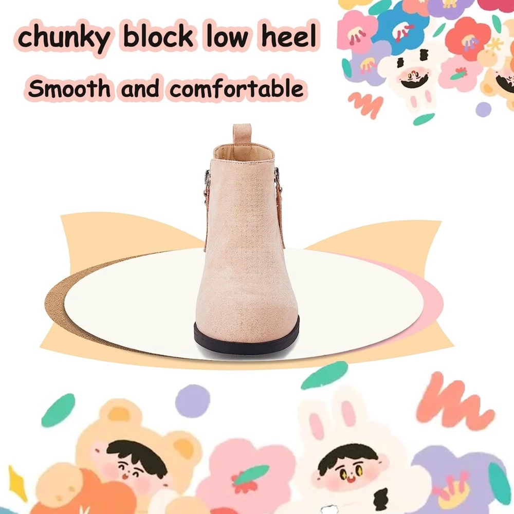 Coutgo Girl’s Kids Ankle Boots Round Toe Faux Suede Low Block Heel Platform - Picture 4 of 7
